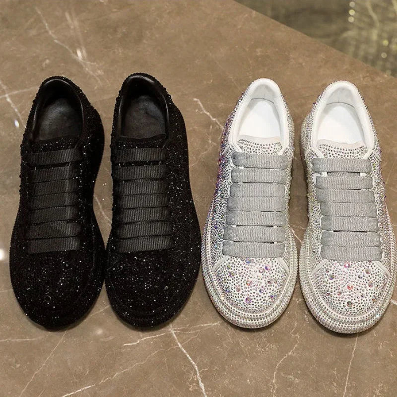 Brand Women Platform Casual Sneakers Rhinestones Thick-soled White Silver Shoes for Women Shining Crystal Sneakers Trend Shoes