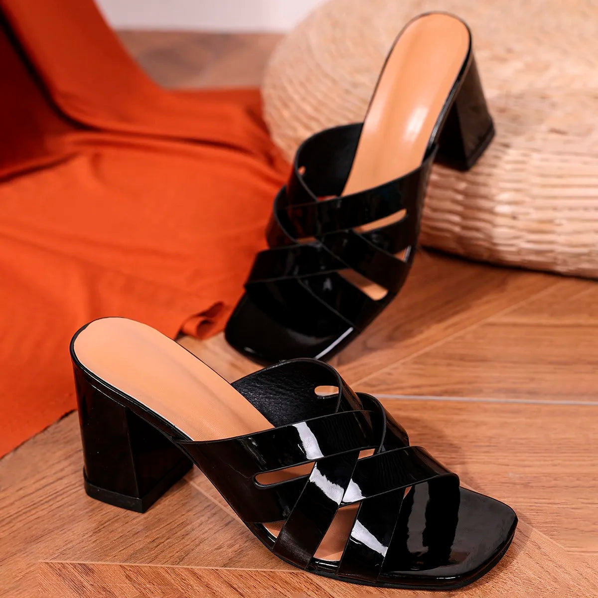 2024 Black Women Shoes Fashion Square Open Toe Thick High Heels Sandals Summer Women Cross Strap Party Shoes Sandalias De Mujer