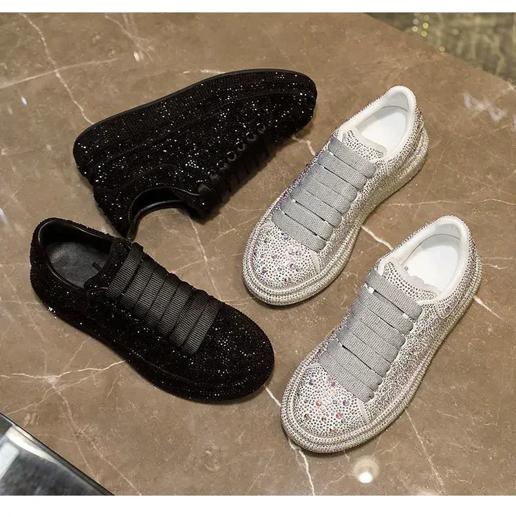 Brand Women Platform Casual Sneakers Rhinestones Thick-soled White Silver Shoes for Women Shining Crystal Sneakers Trend Shoes