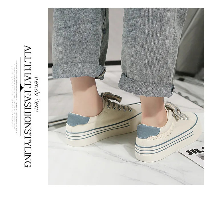 Canvas Platform Shoes Flat Female Outdoor Elevator Sneakers Women Tennis Spring Vulcanize White Thick-sole Running Trainers 2023