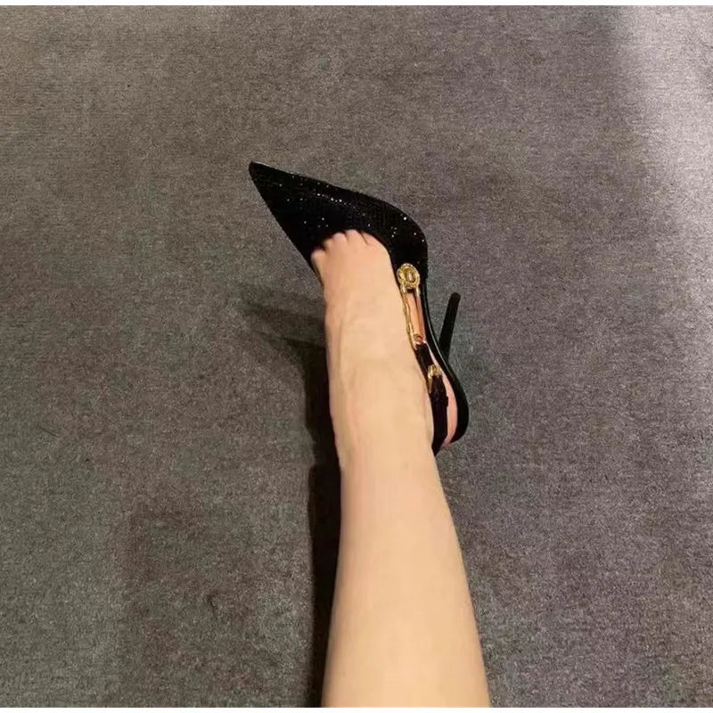 Luxury Rhinestones Sequined Buckle Women Pumps Elegant Pointed toe Slingbacks Stiletto High heels Spring Summer Fashion Shoes