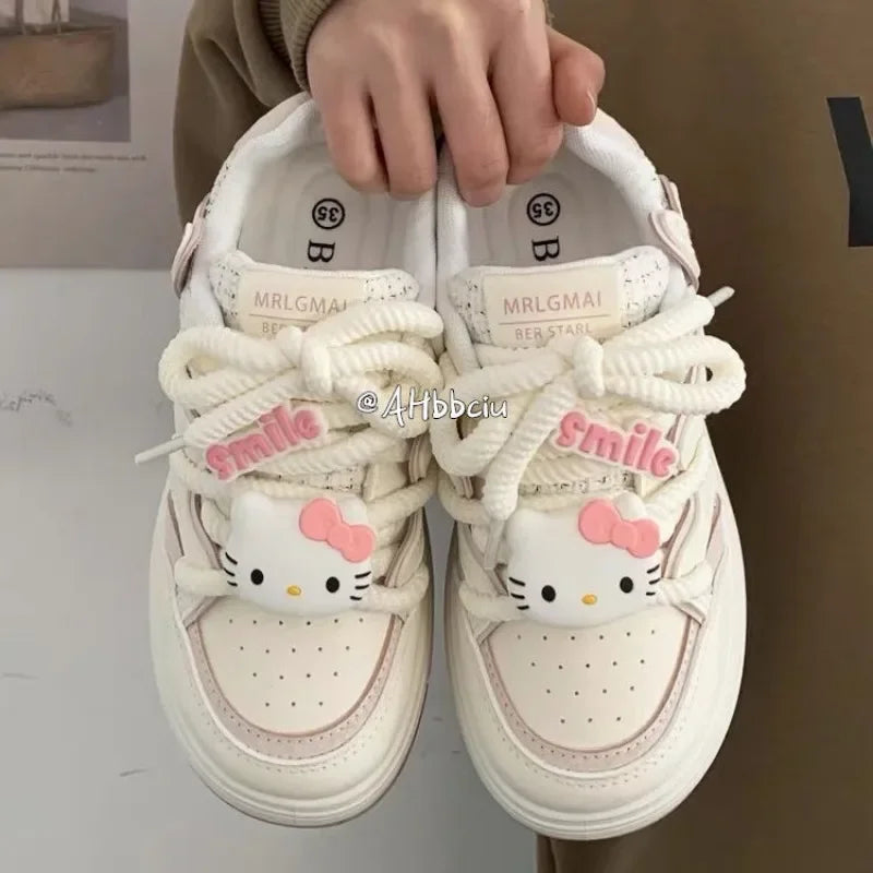 Sanrio Hello Kitty Soft Girl Cute Big Head Off White Shoes Y2K Platform Sneakers Versatile Skateboard Shoes for Women 2024 New