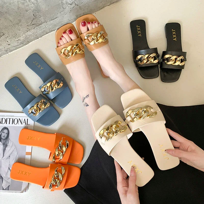 2024 New Fashion Women's Slippers Square Toe Chain Slippers Flat Slide Sandals Beach Flip Flops Metal Decoration Casual Shoes