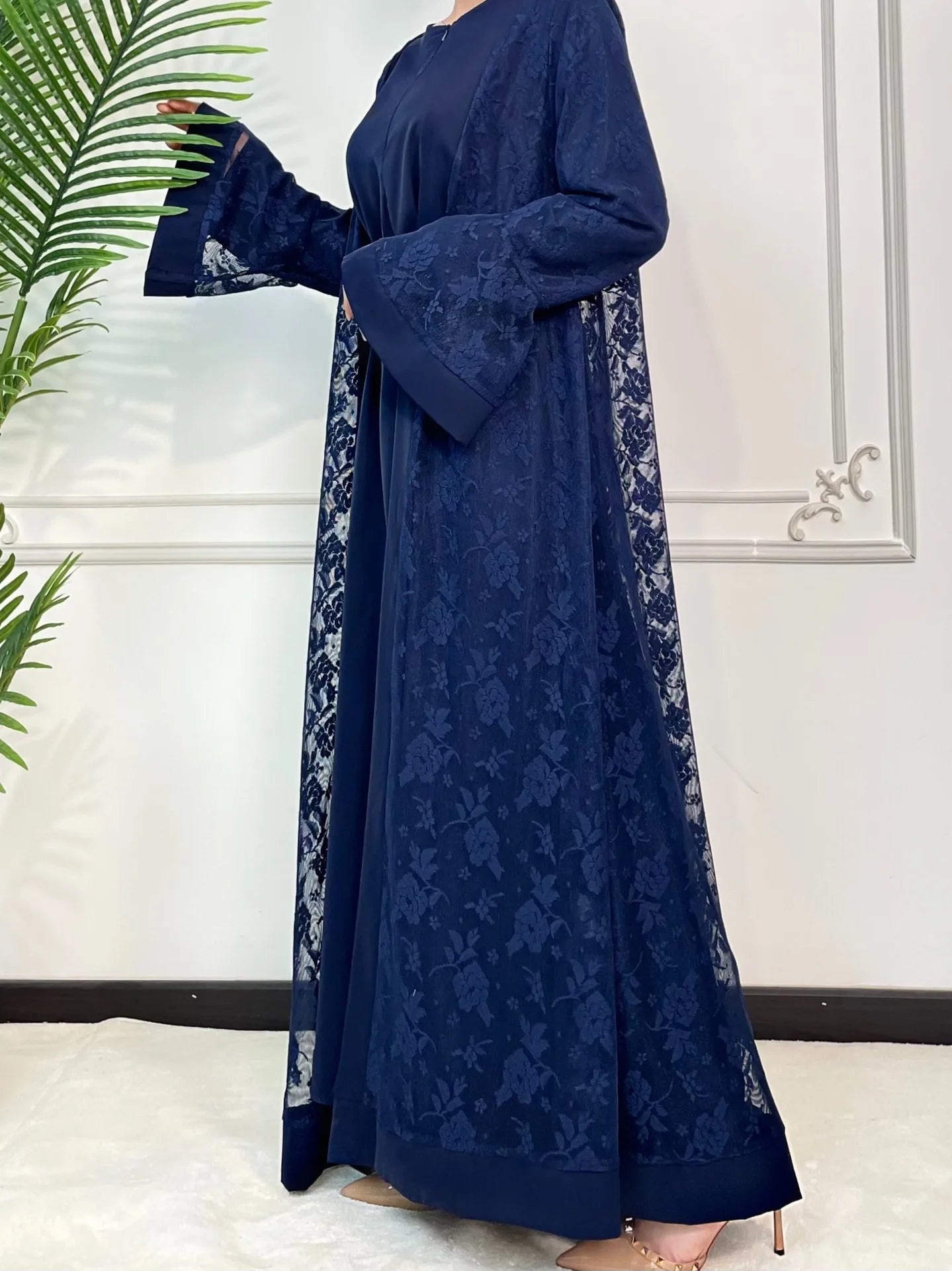 Ramadan Eid Prayer Lace Abaya 2 Piece Set Inner Dress Women Flare Sleeve Long Abayas Kaftan Djellaba Dubai Party Vestidos 2024