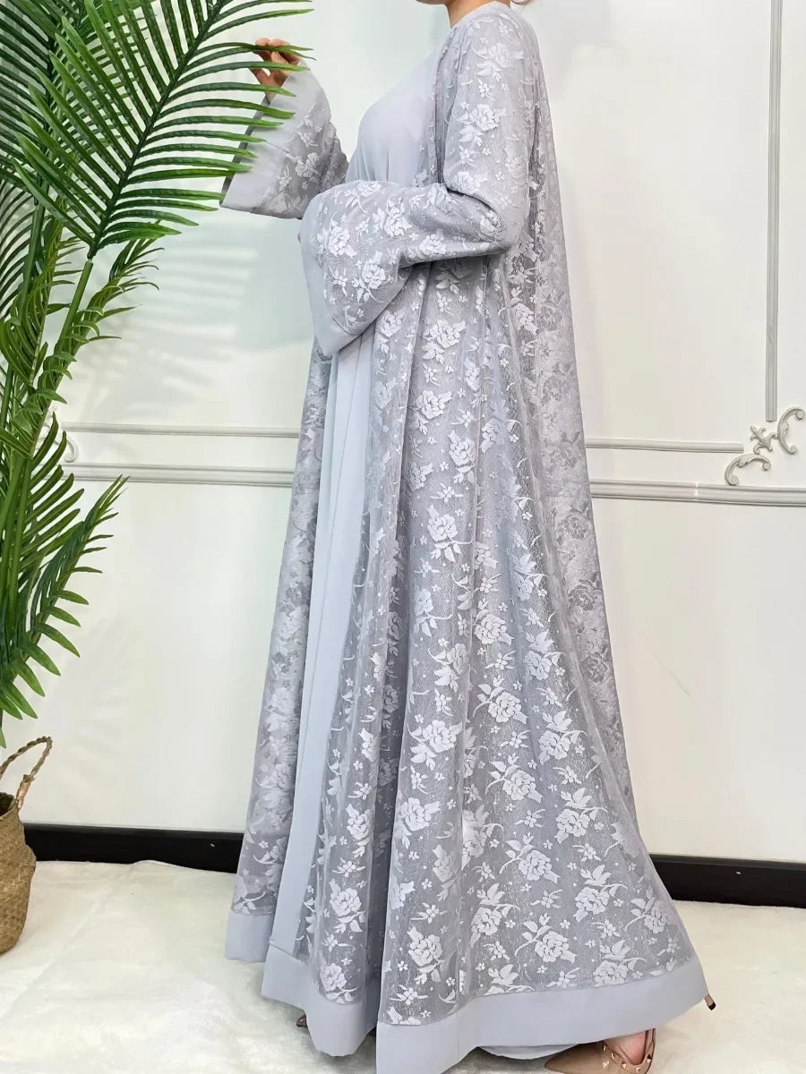 Ramadan Eid Prayer Lace Abaya 2 Piece Set Inner Dress Women Flare Sleeve Long Abayas Kaftan Djellaba Dubai Party Vestidos 2024