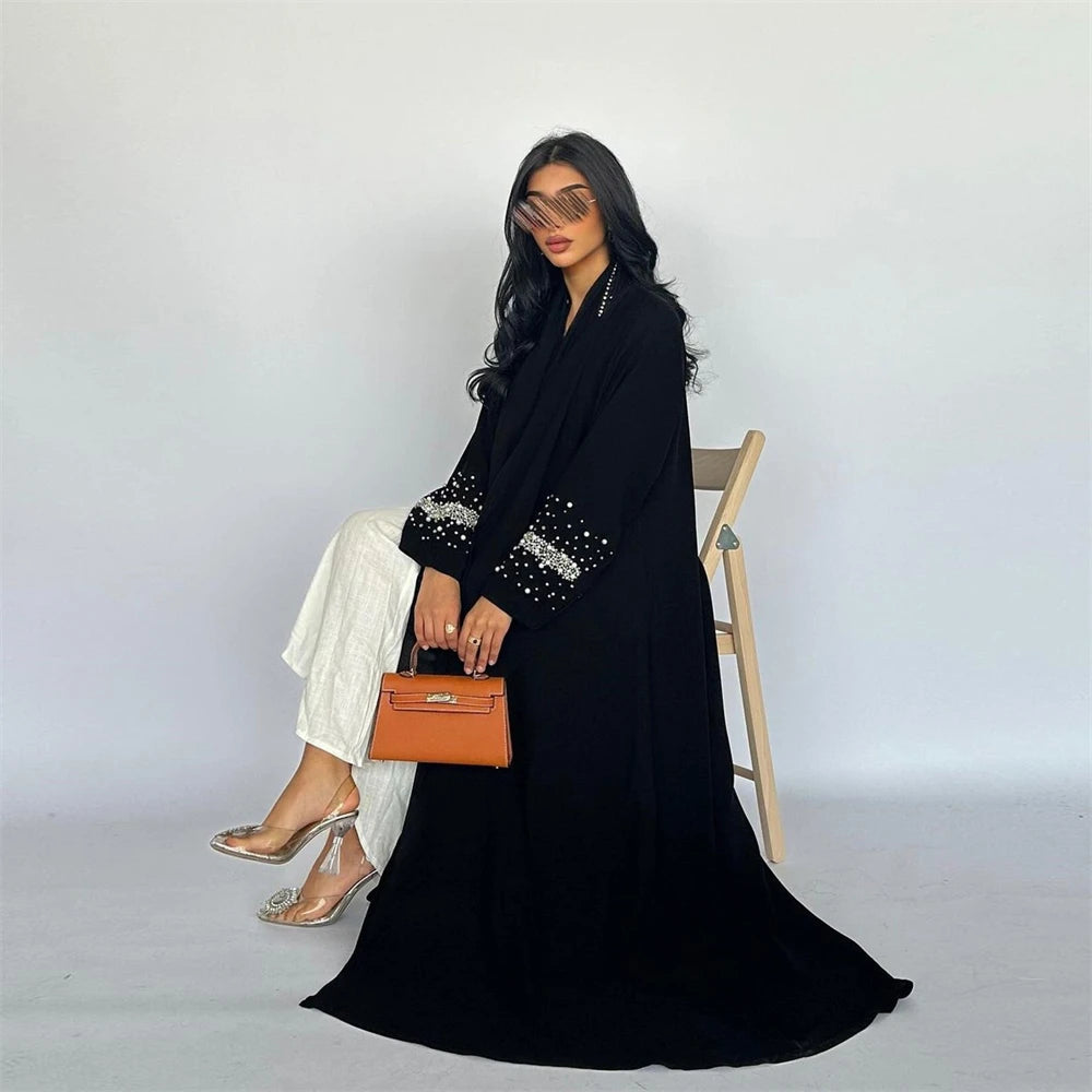 Black Open Kimono Abaya Dubai Luxury 2024 Muslim For Women Kaftan Dress With Hijab Islam Caftan Marocain Robe Femme Musulmane