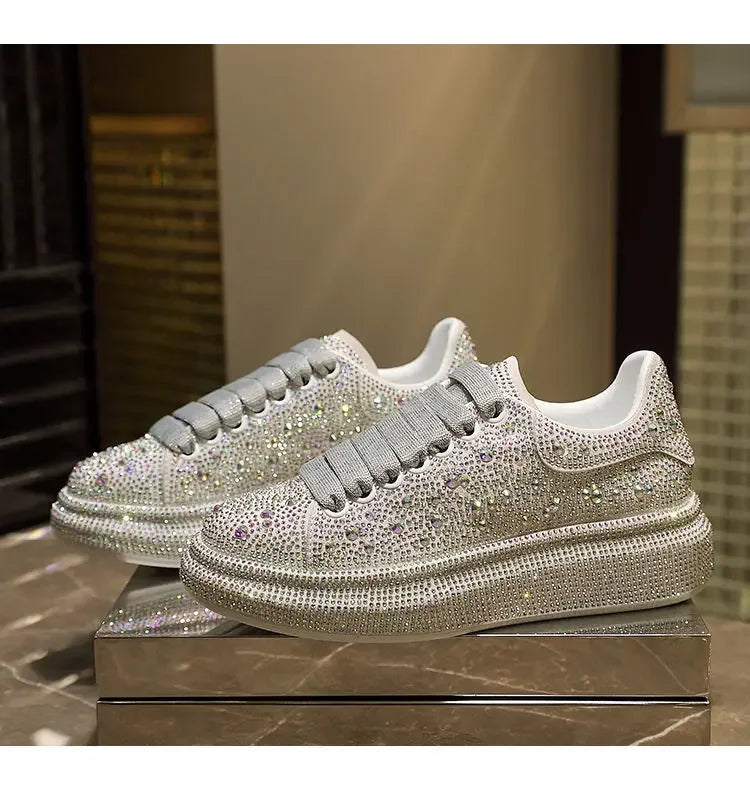 Brand Women Platform Casual Sneakers Rhinestones Thick-soled White Silver Shoes for Women Shining Crystal Sneakers Trend Shoes