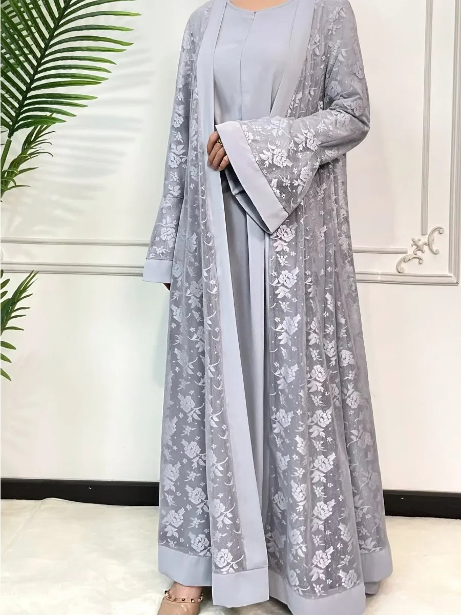 Ramadan Eid Prayer Lace Abaya 2 Piece Set Inner Dress Women Flare Sleeve Long Abayas Kaftan Djellaba Dubai Party Vestidos 2024