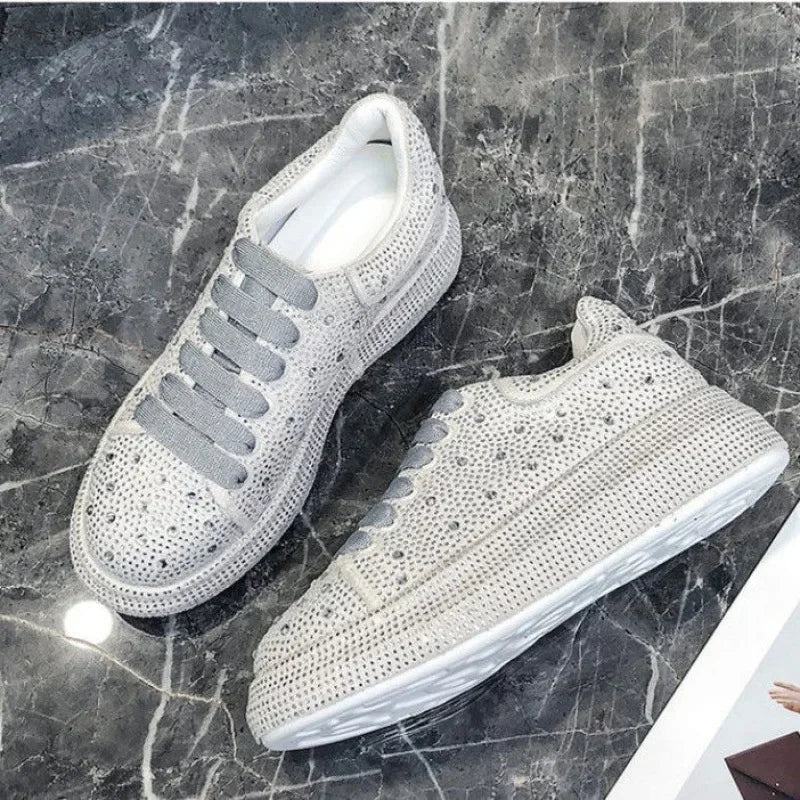 Brand Women Platform Casual Sneakers Rhinestones Thick-soled White Silver Shoes for Women Shining Crystal Sneakers Trend Shoes