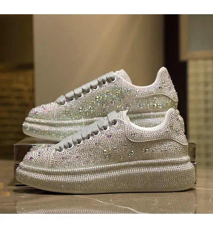 Brand Women Platform Casual Sneakers Rhinestones Thick-soled White Silver Shoes for Women Shining Crystal Sneakers Trend Shoes