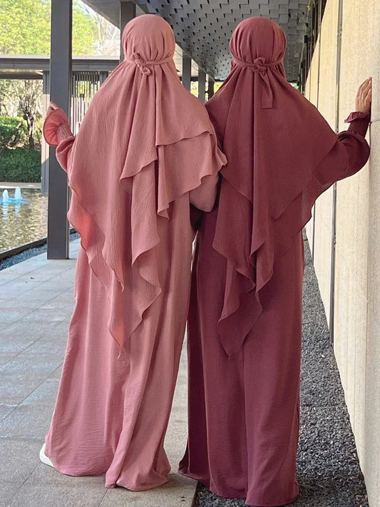 Ramadan Eid Hooded Abaya Jilbab 2 Piece Set Muslim Prayer Outfit Jilbabs for Women Long Khimar Hijab Dress Islamic Niqab Burka