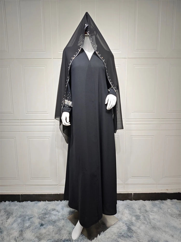 Black Open Kimono Abaya Dubai Luxury 2024 Muslim For Women Kaftan Dress With Hijab Islam Caftan Marocain Robe Femme Musulmane