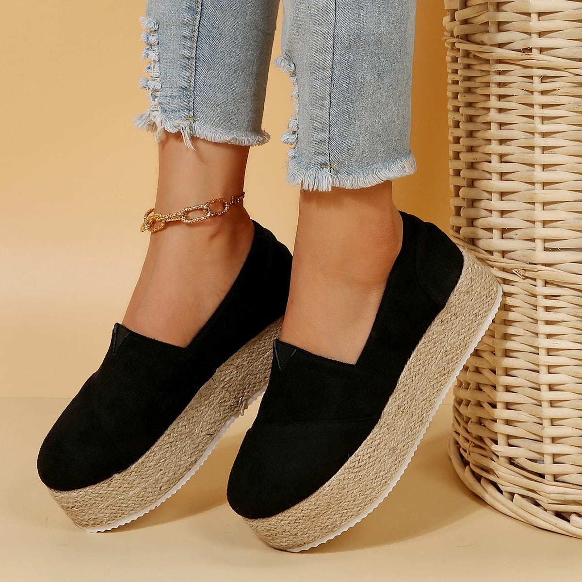 Autumn Flat 4.5 cm Platform Round Toe Slip on Women Shoes Outdoor Office Lady Comfortable Flats An-slip Beige Loafers Sneakers