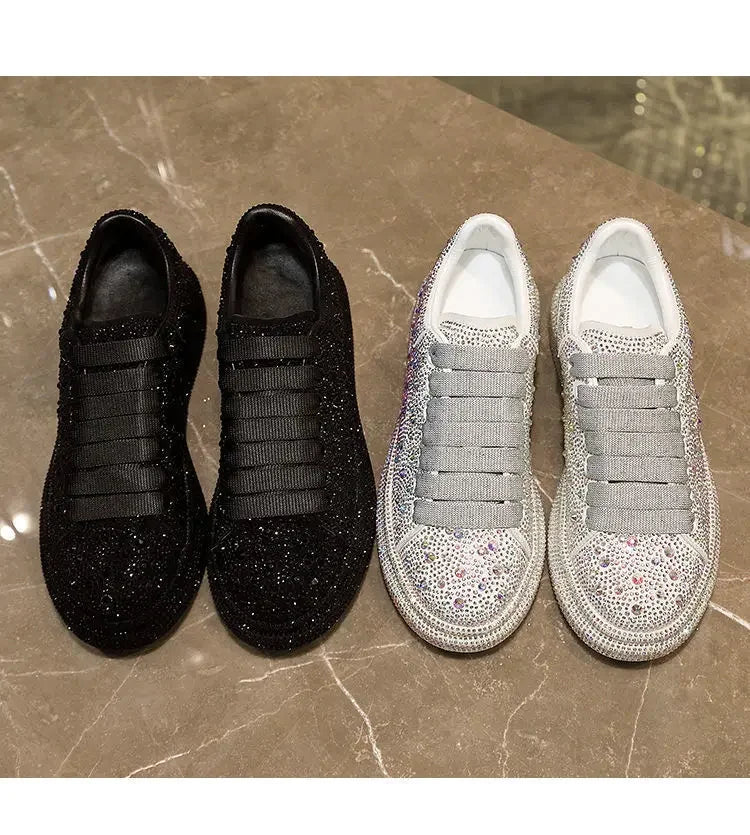 Brand Women Platform Casual Sneakers Rhinestones Thick-soled White Silver Shoes for Women Shining Crystal Sneakers Trend Shoes