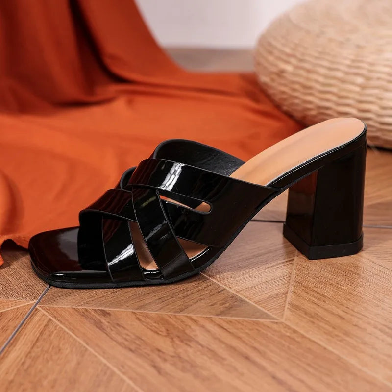 2024 Black Women Shoes Fashion Square Open Toe Thick High Heels Sandals Summer Women Cross Strap Party Shoes Sandalias De Mujer