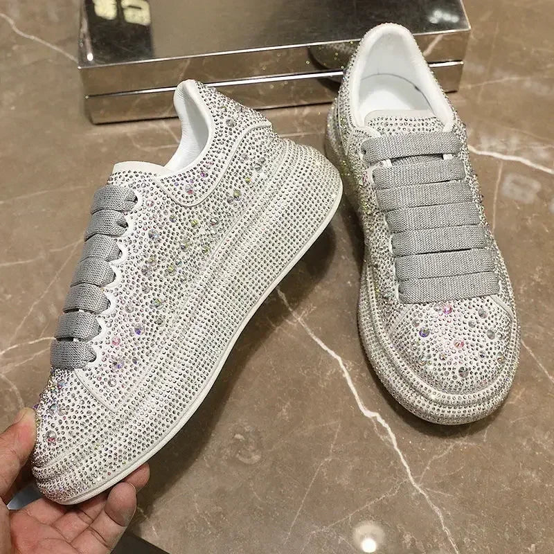 Brand Women Platform Casual Sneakers Rhinestones Thick-soled White Silver Shoes for Women Shining Crystal Sneakers Trend Shoes