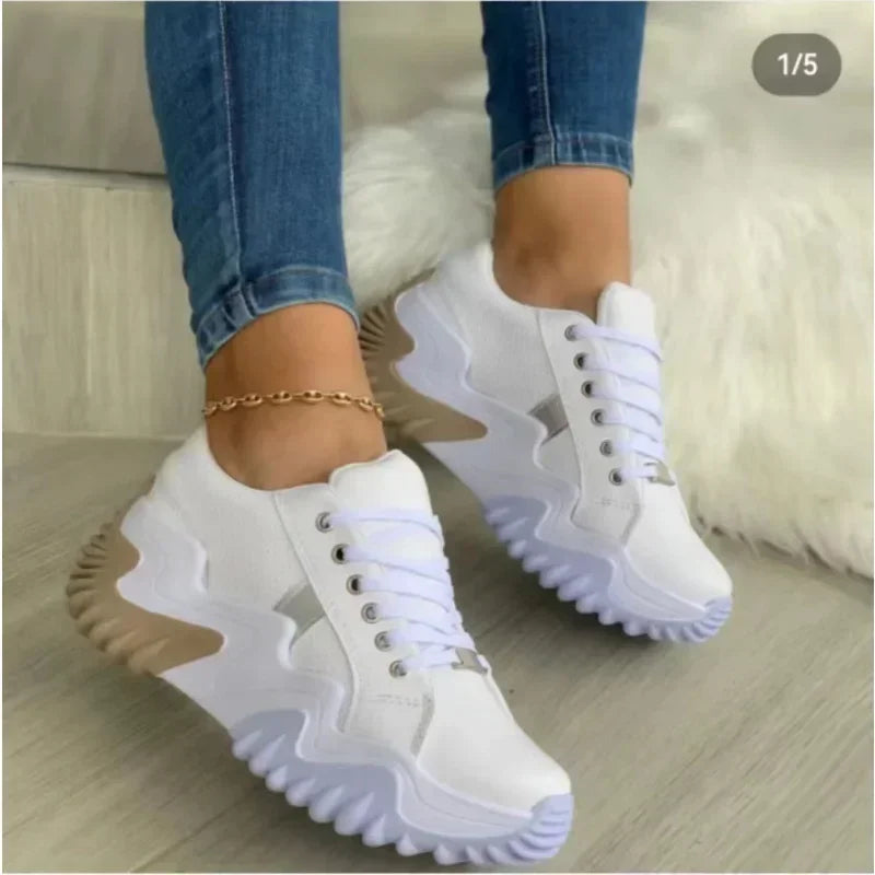 2024 new Women White Platform Leather Casual Sneakers Ladies Chunky Vulcanized Shoes Woman High Fashion Thick Soled Wedge Shoes