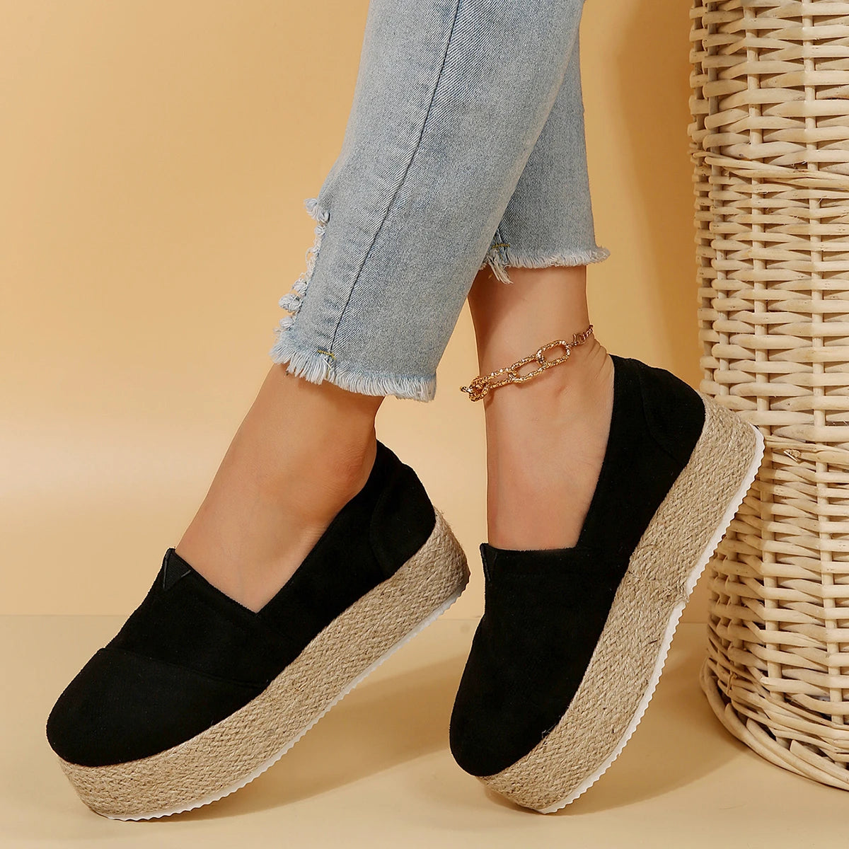 Autumn Flat 4.5 cm Platform Round Toe Slip on Women Shoes Outdoor Office Lady Comfortable Flats An-slip Beige Loafers Sneakers