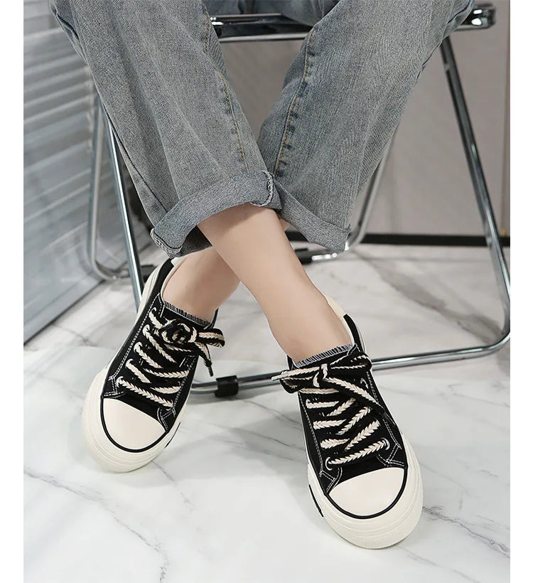 Canvas Platform Shoes Flat Female Outdoor Elevator Sneakers Women Tennis Spring Vulcanize White Thick-sole Running Trainers 2023