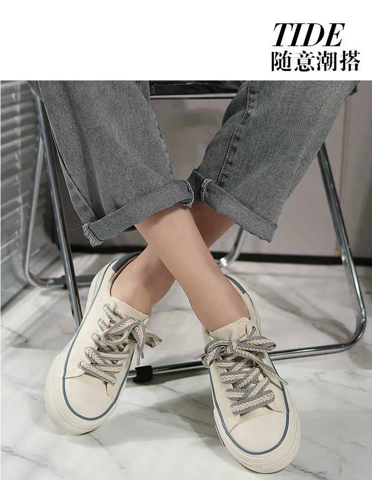 Canvas Platform Shoes Flat Female Outdoor Elevator Sneakers Women Tennis Spring Vulcanize White Thick-sole Running Trainers 2023