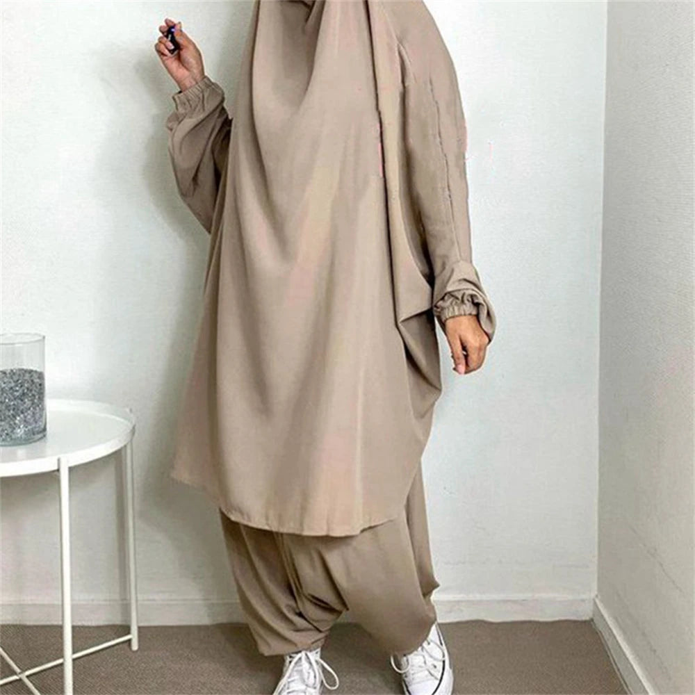 Eid Hooded Muslim Women Prayer Garment Dress Set 2 Piece Harem Pants Khimar Robes Full Cover Ramadan Gown Abayas Islamic Niqab