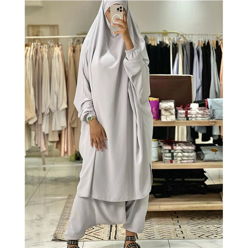 Eid Hooded Muslim Women Prayer Garment Dress Set 2 Piece Harem Pants Khimar Robes Full Cover Ramadan Gown Abayas Islamic Niqab