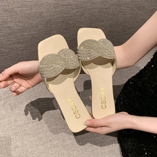 New 2024 Summer Flat Heel Rhinestone Ladies Shoes Women Fashion  Rhinestones Sandals High quality Outdoor Beach Slides Slippers