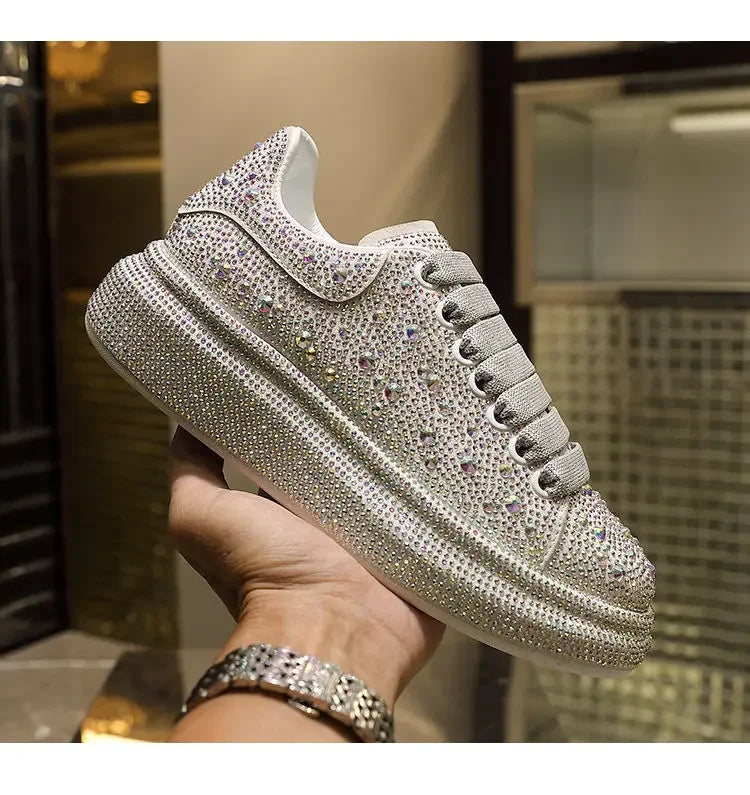 Brand Women Platform Casual Sneakers Rhinestones Thick-soled White Silver Shoes for Women Shining Crystal Sneakers Trend Shoes