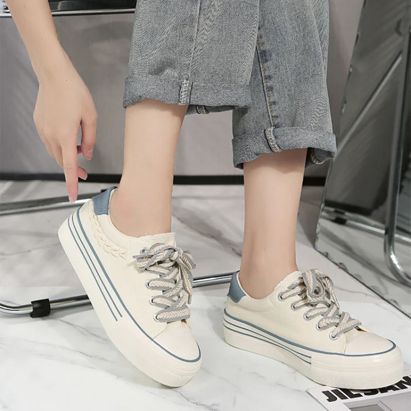 Canvas Platform Shoes Flat Female Outdoor Elevator Sneakers Women Tennis Spring Vulcanize White Thick-sole Running Trainers 2023