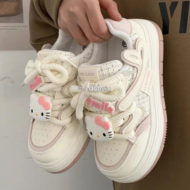 Sanrio Hello Kitty Soft Girl Cute Big Head Off White Shoes Y2K Platform Sneakers Versatile Skateboard Shoes for Women 2024 New