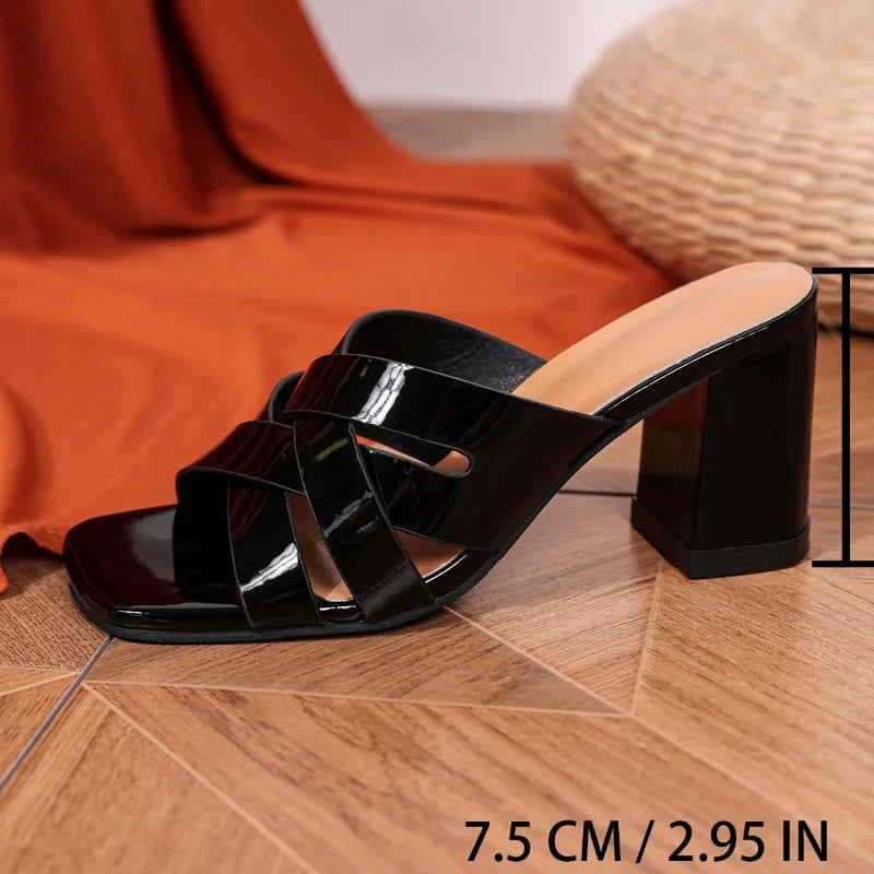 2024 Black Women Shoes Fashion Square Open Toe Thick High Heels Sandals Summer Women Cross Strap Party Shoes Sandalias De Mujer