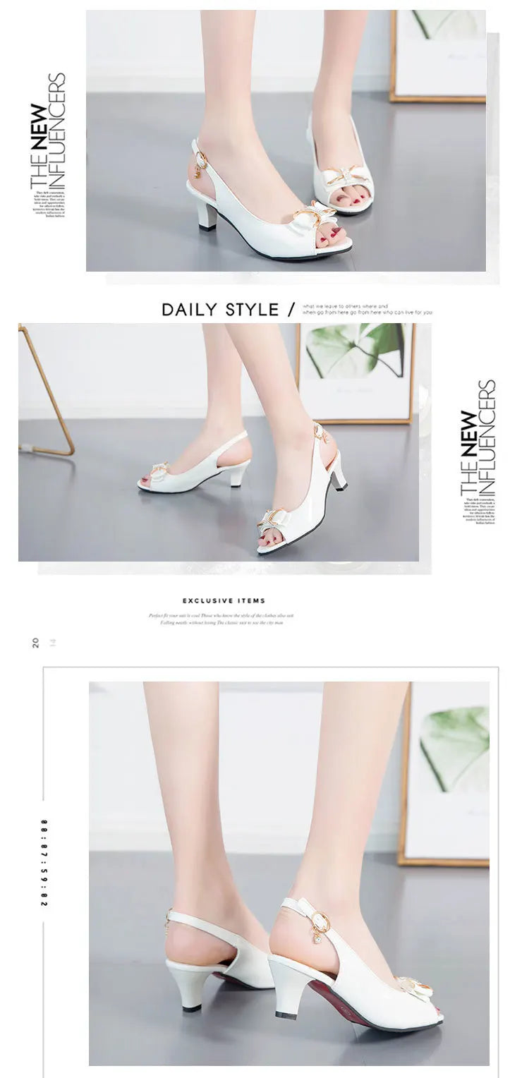 2023 New Korean Summer Bow Fish Mouth Sandals Women's Medium Heel Thick 42 Size Women Sandals