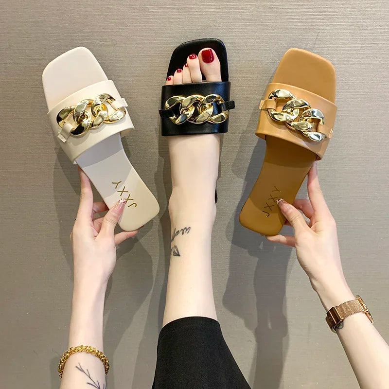 2024 New Fashion Women's Slippers Square Toe Chain Slippers Flat Slide Sandals Beach Flip Flops Metal Decoration Casual Shoes