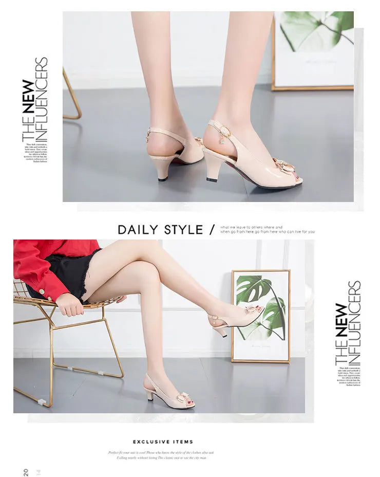 2023 New Korean Summer Bow Fish Mouth Sandals Women's Medium Heel Thick 42 Size Women Sandals