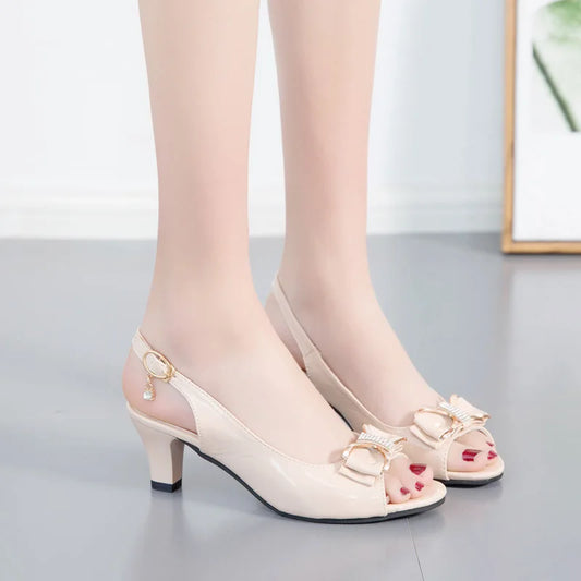 2023 New Korean Summer Bow Fish Mouth Sandals Women's Medium Heel Thick 42 Size Women Sandals