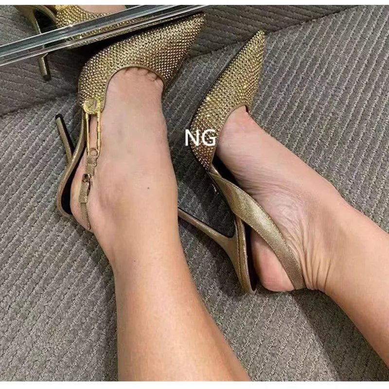 Luxury Rhinestones Sequined Buckle Women Pumps Elegant Pointed toe Slingbacks Stiletto High heels Spring Summer Fashion Shoes