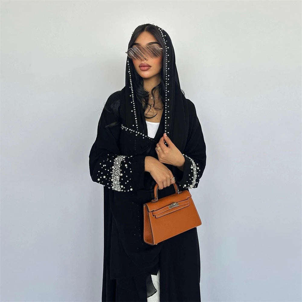 Black Open Kimono Abaya Dubai Luxury 2024 Muslim For Women Kaftan Dress With Hijab Islam Caftan Marocain Robe Femme Musulmane