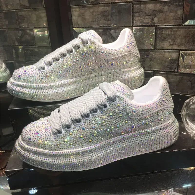 Brand Women Platform Casual Sneakers Rhinestones Thick-soled White Silver Shoes for Women Shining Crystal Sneakers Trend Shoes