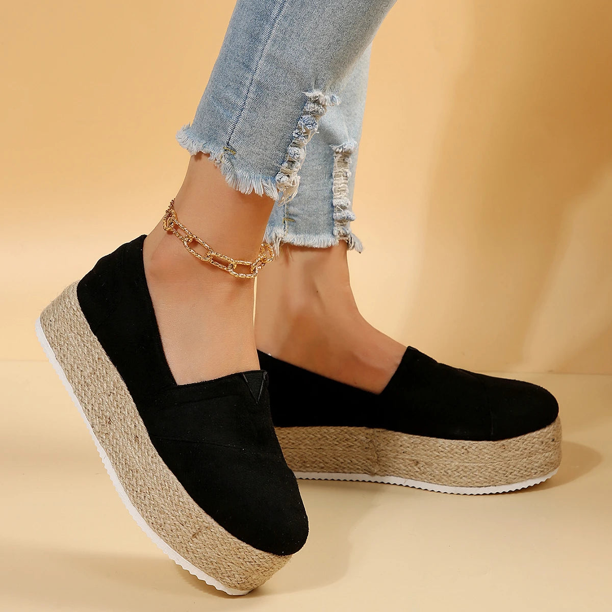 Autumn Flat 4.5 cm Platform Round Toe Slip on Women Shoes Outdoor Office Lady Comfortable Flats An-slip Beige Loafers Sneakers