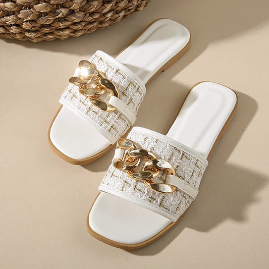 Chain Summer Slippers For Women Flats 2024 Korean White Slippers Women Flip Flops Female Sandals Outdoor Trend Luxury Designer