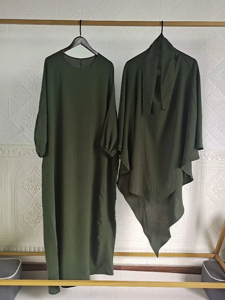 Eid Muslim Women Long Khimar Prayer Garment 2 Piece Set Abaya Dress and Hijab Full Cover Islamic Ramadan Kaftan  Djellaba jilbab