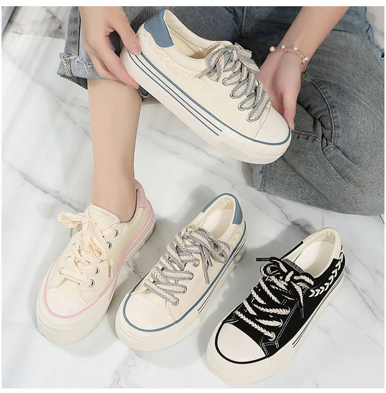 Canvas Platform Shoes Flat Female Outdoor Elevator Sneakers Women Tennis Spring Vulcanize White Thick-sole Running Trainers 2023